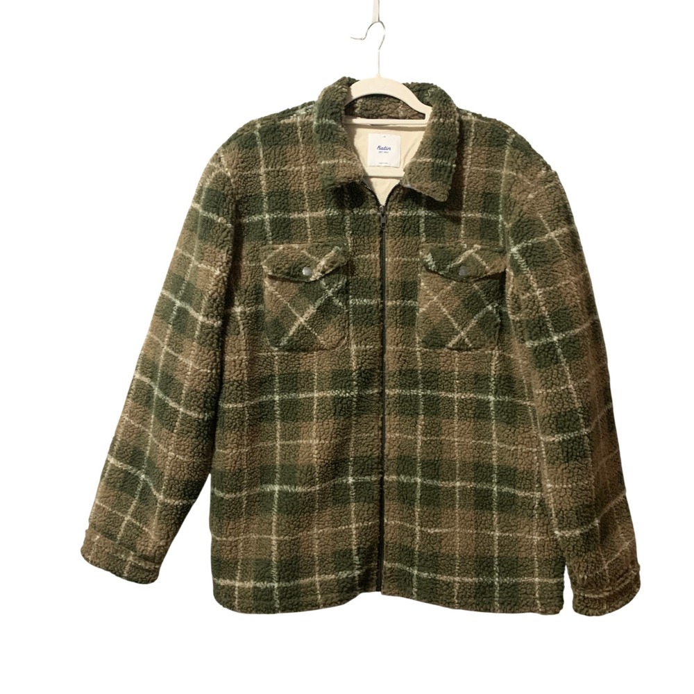 Katin Anderson Sherpa Jacket Mens Large Green Plaid Fleece Zip HO24JKANS-CVGR
